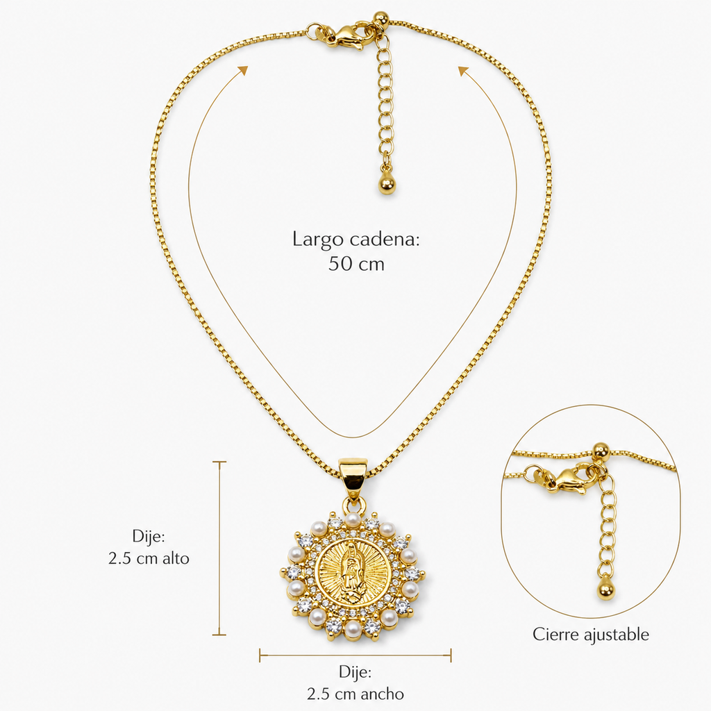 Collar Virgen de Guadalupe con Perlas Bañado en Oro 18K