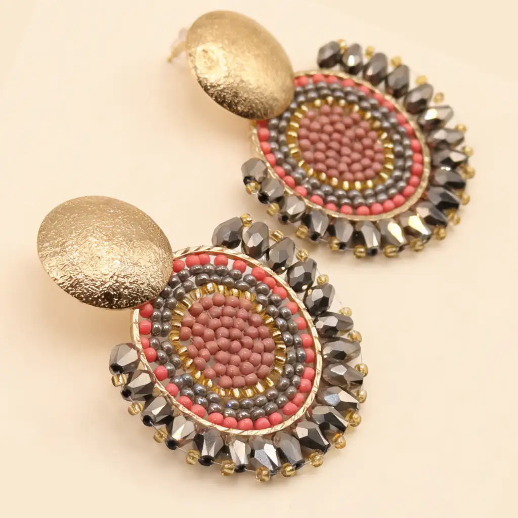 Aros Medallón Tejido — Gris y Rosa palo