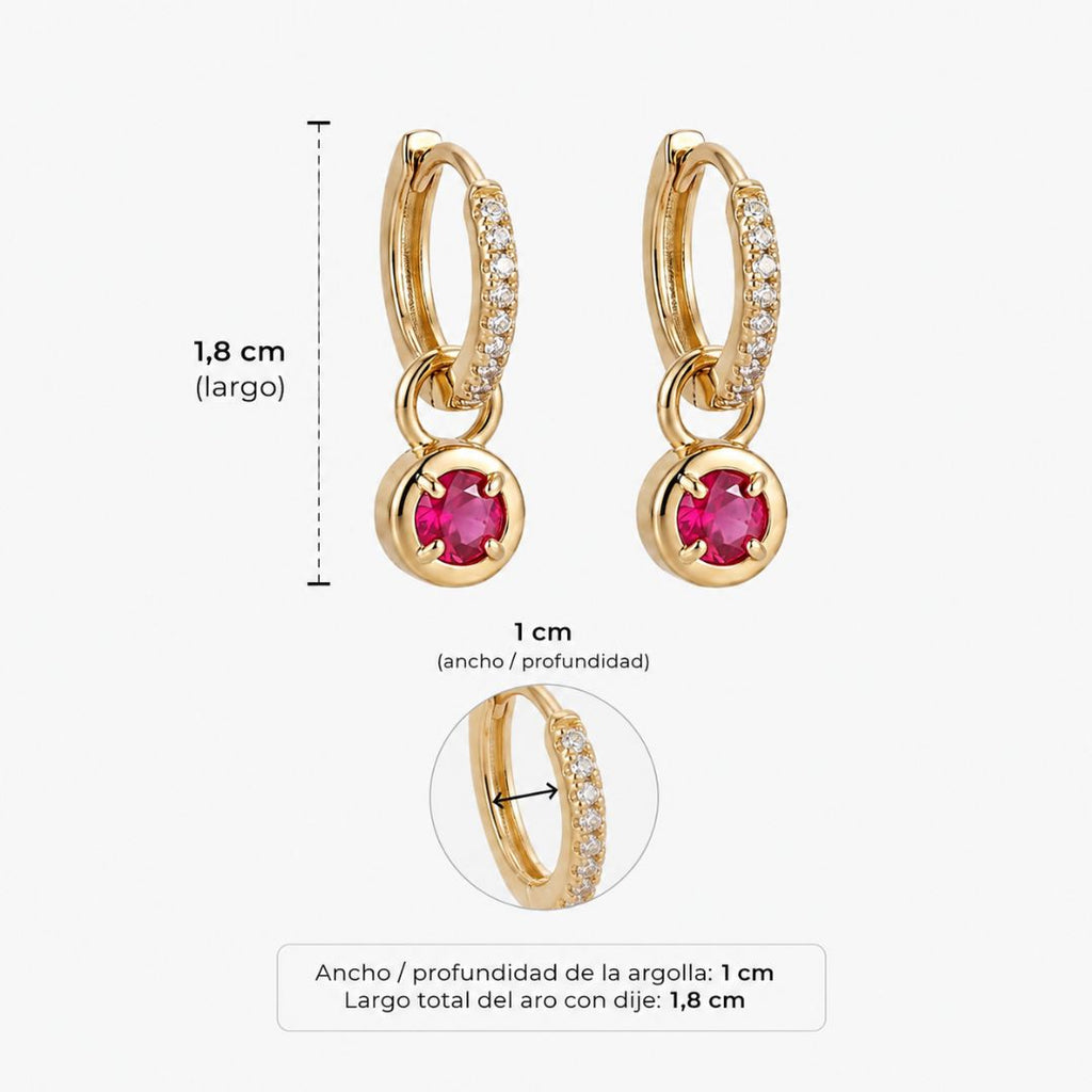Argollas doradas bañadas en oro 18K con circón fucsia