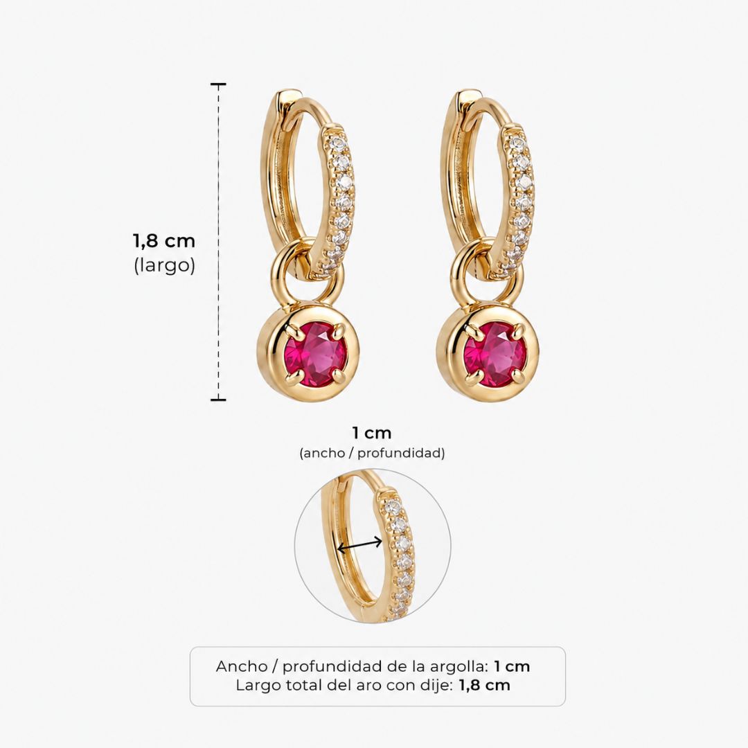 Argollas doradas bañadas en oro 18K con circón fucsia