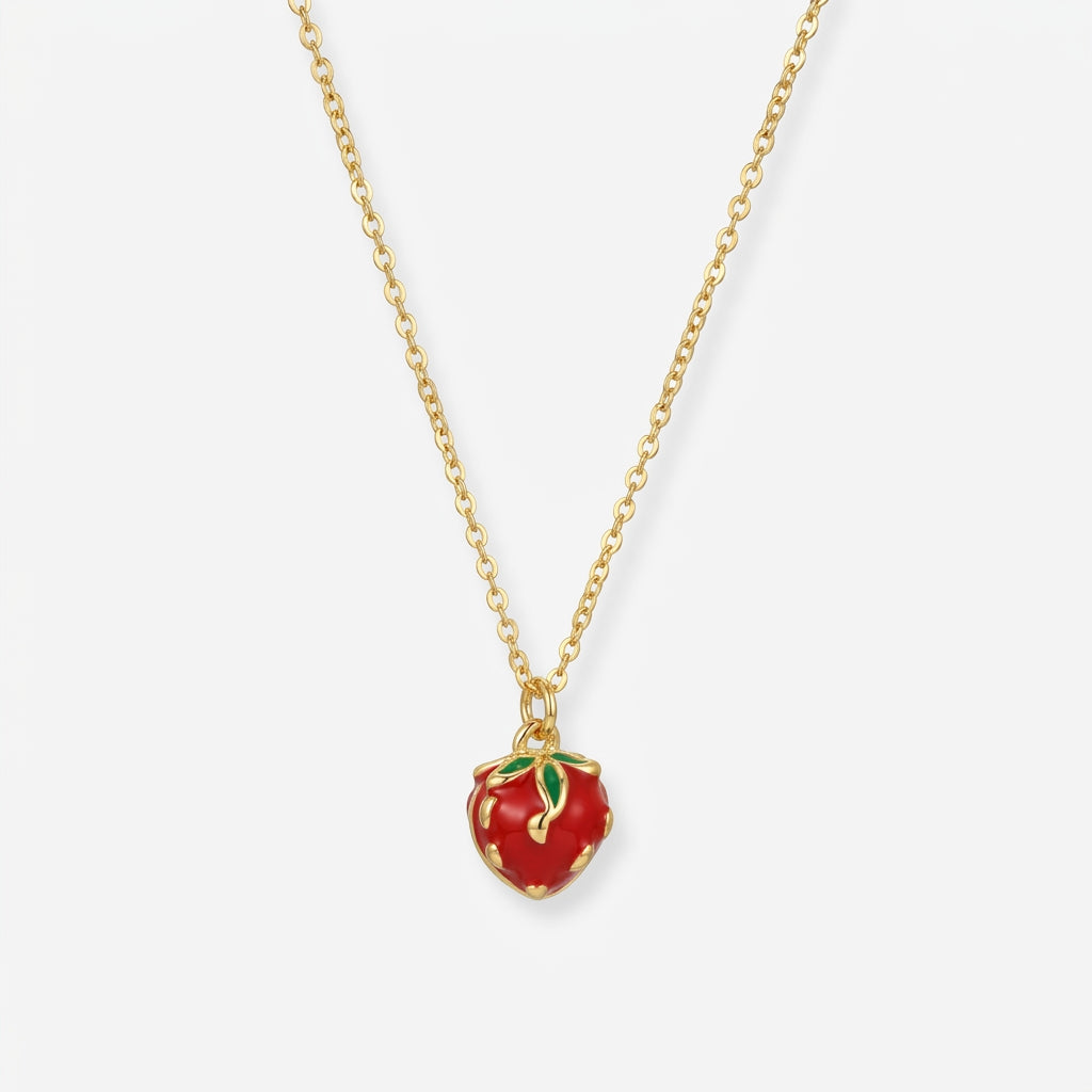 Collar Fresa Roja Bañado en Oro 18K