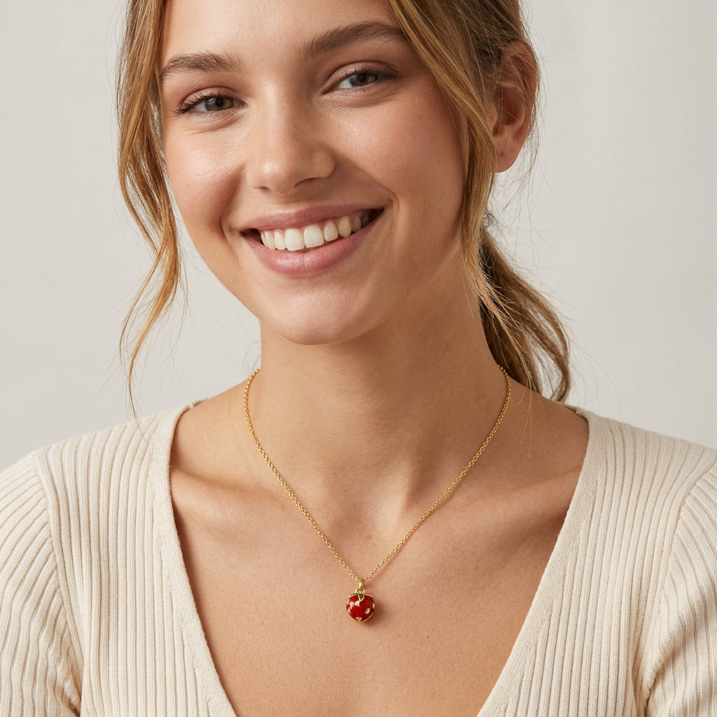 Collar Fresa Roja Bañado en Oro 18K
