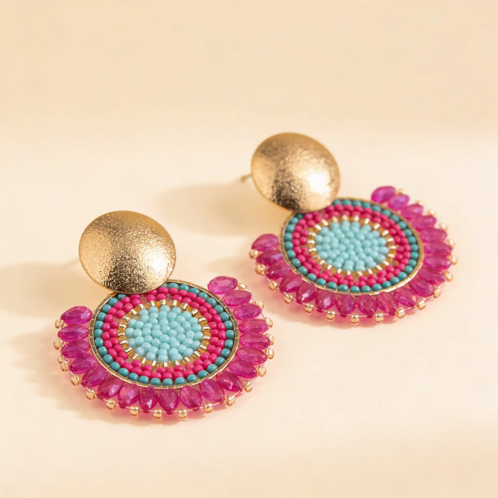 Aros Medallón Tejido — Fucsia Turquesa