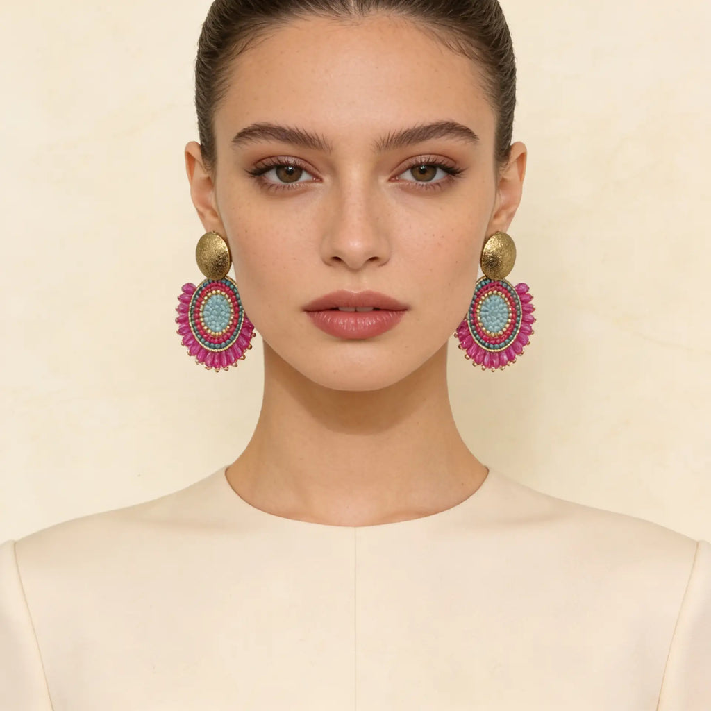 Aros Medallón Tejido — Fucsia Turquesa