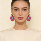 Aros Medallón Tejido — Fucsia Turquesa