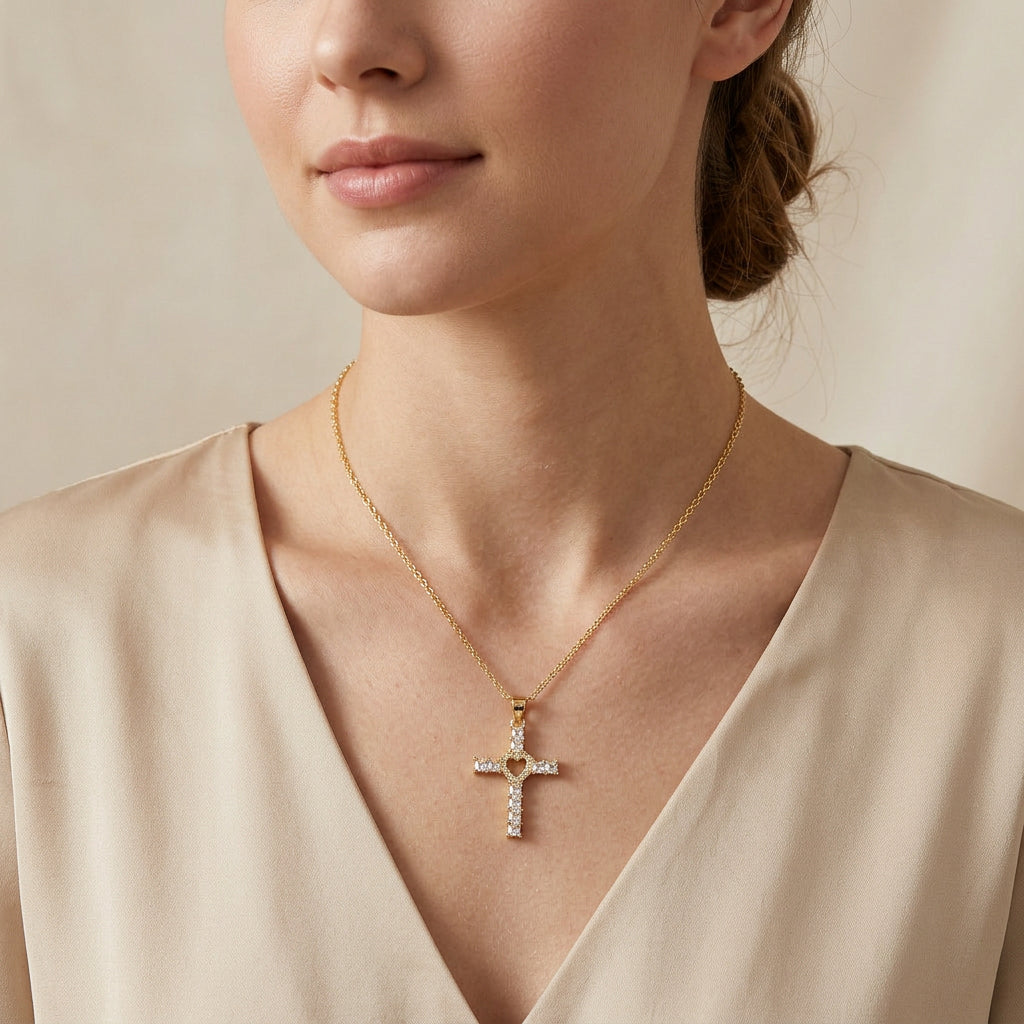 Collar Cruz Corazón Bañado en Oro 18K | Dulcymar Accesorios